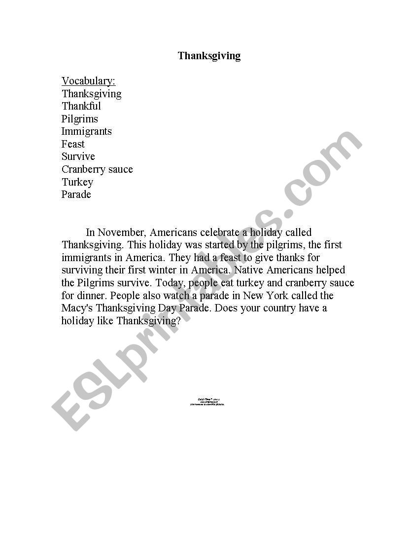 Thanksgiving Beginner Reading worksheet