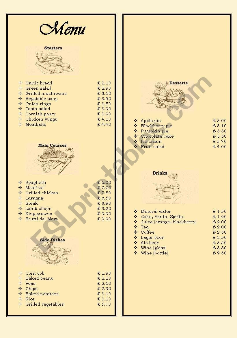 Menu in a restaurant - ordering food