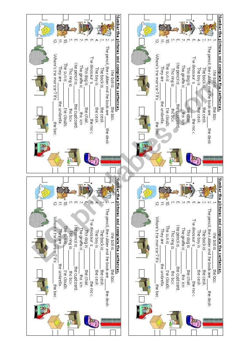Prepositions of place - picture matching & complete the sentences