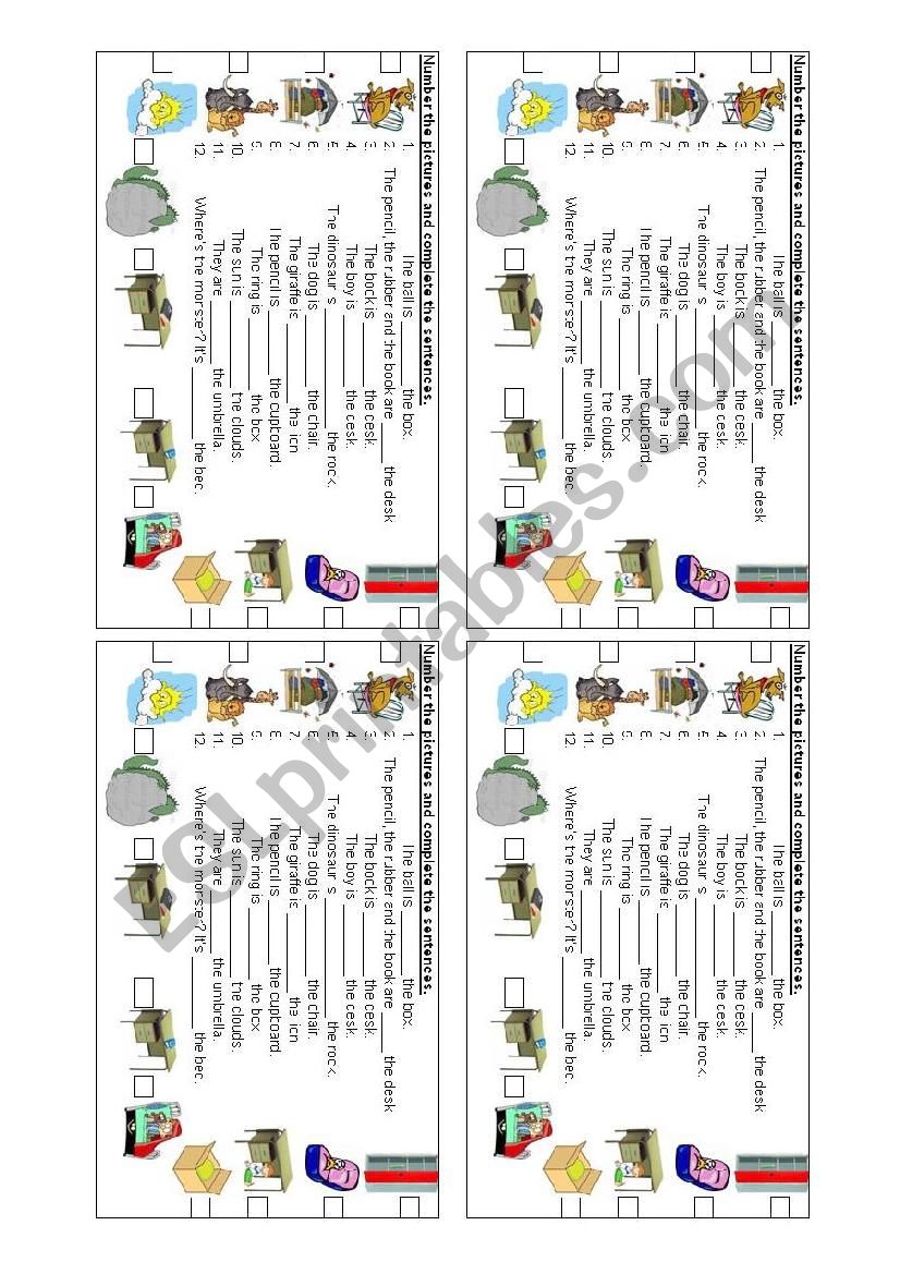 Prepositions of place - picture matching & complete the sentences