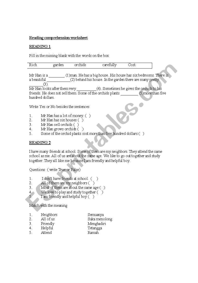 Reading Comprehension worksheet