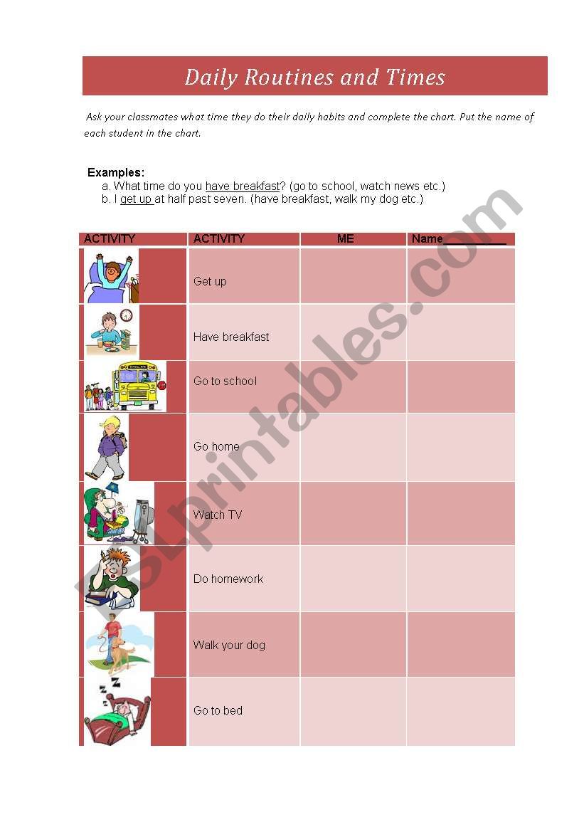 daily routines and times worksheet