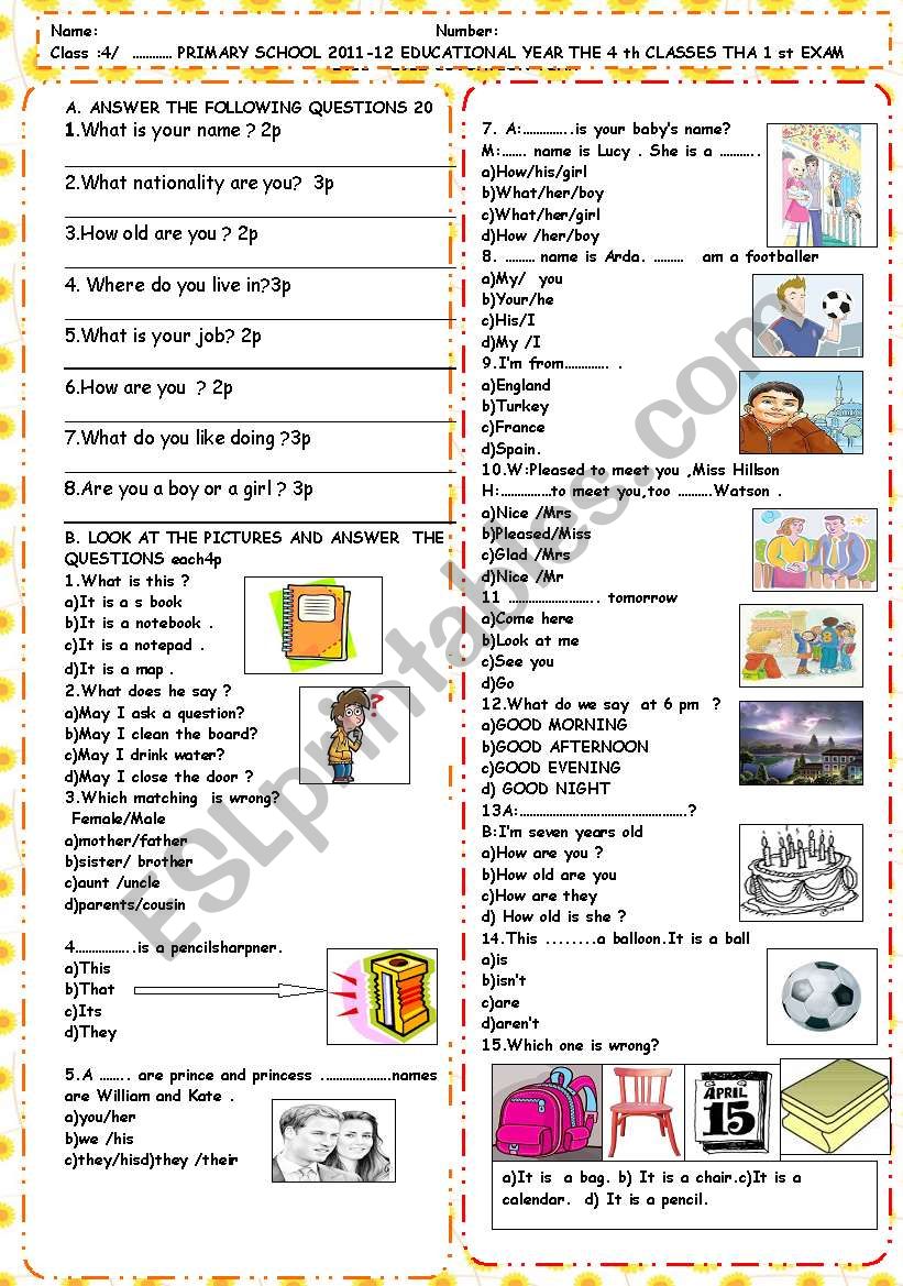 Test for  the 4 th Classes worksheet