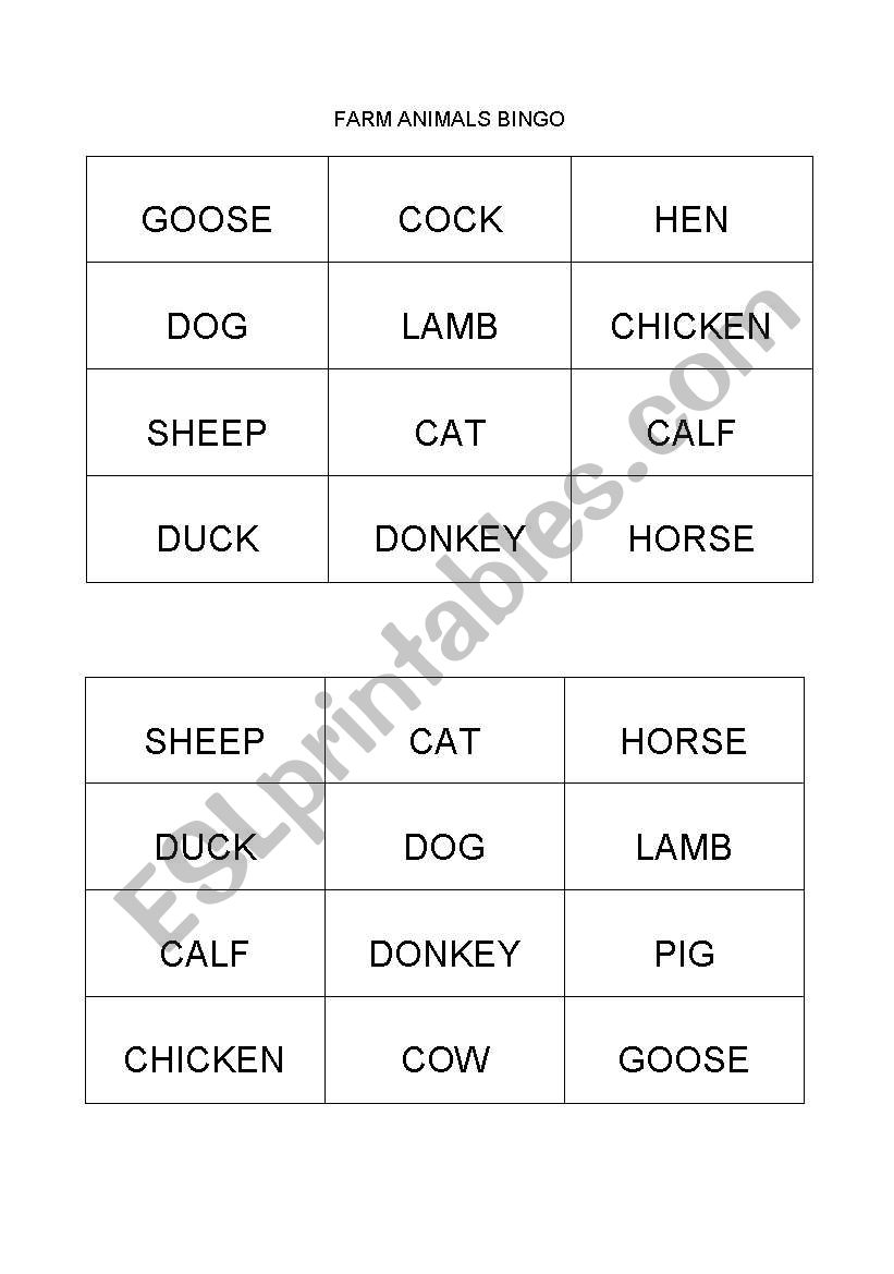 FARM ANIMALS BINGO worksheet