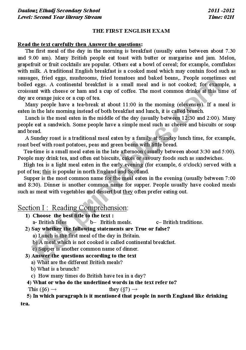 second year exam first term worksheet