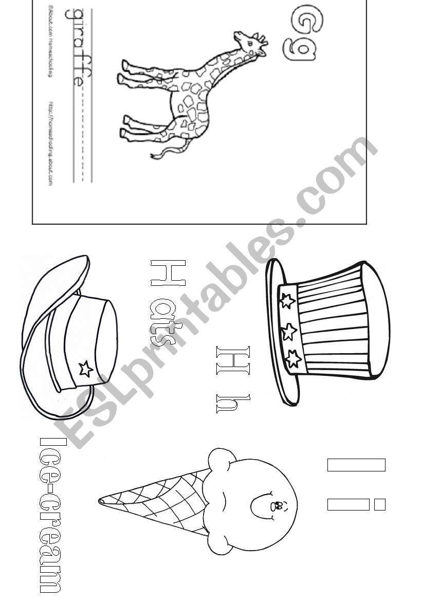 alphabet g h i  words color page letters