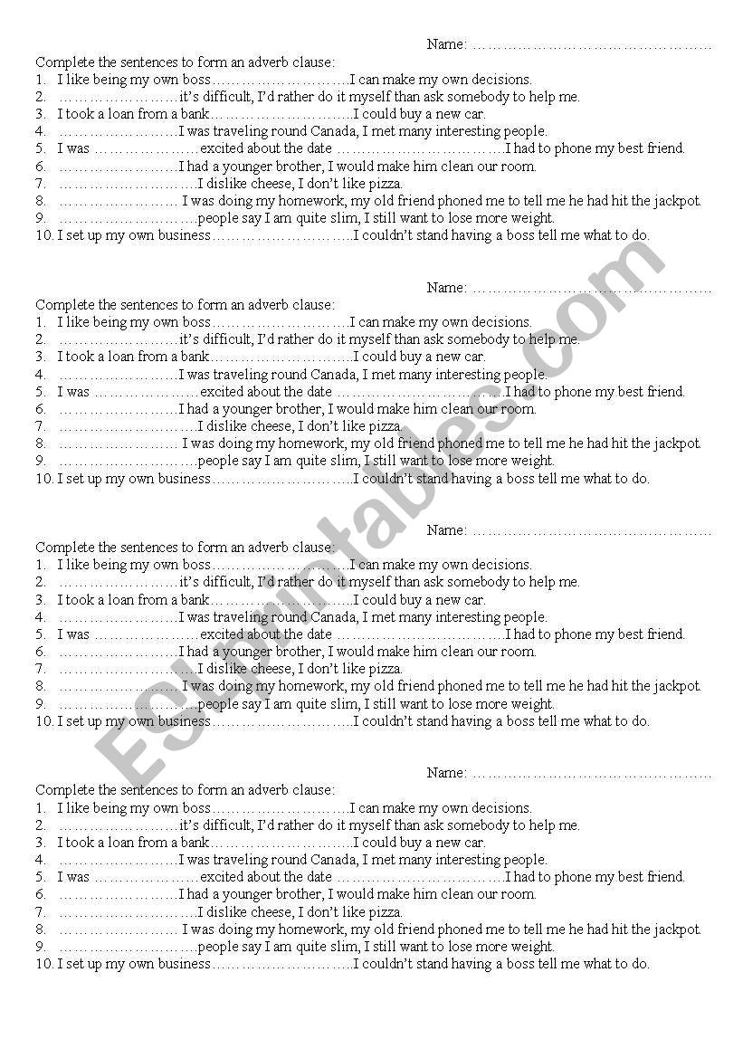 adverb clauses worksheet