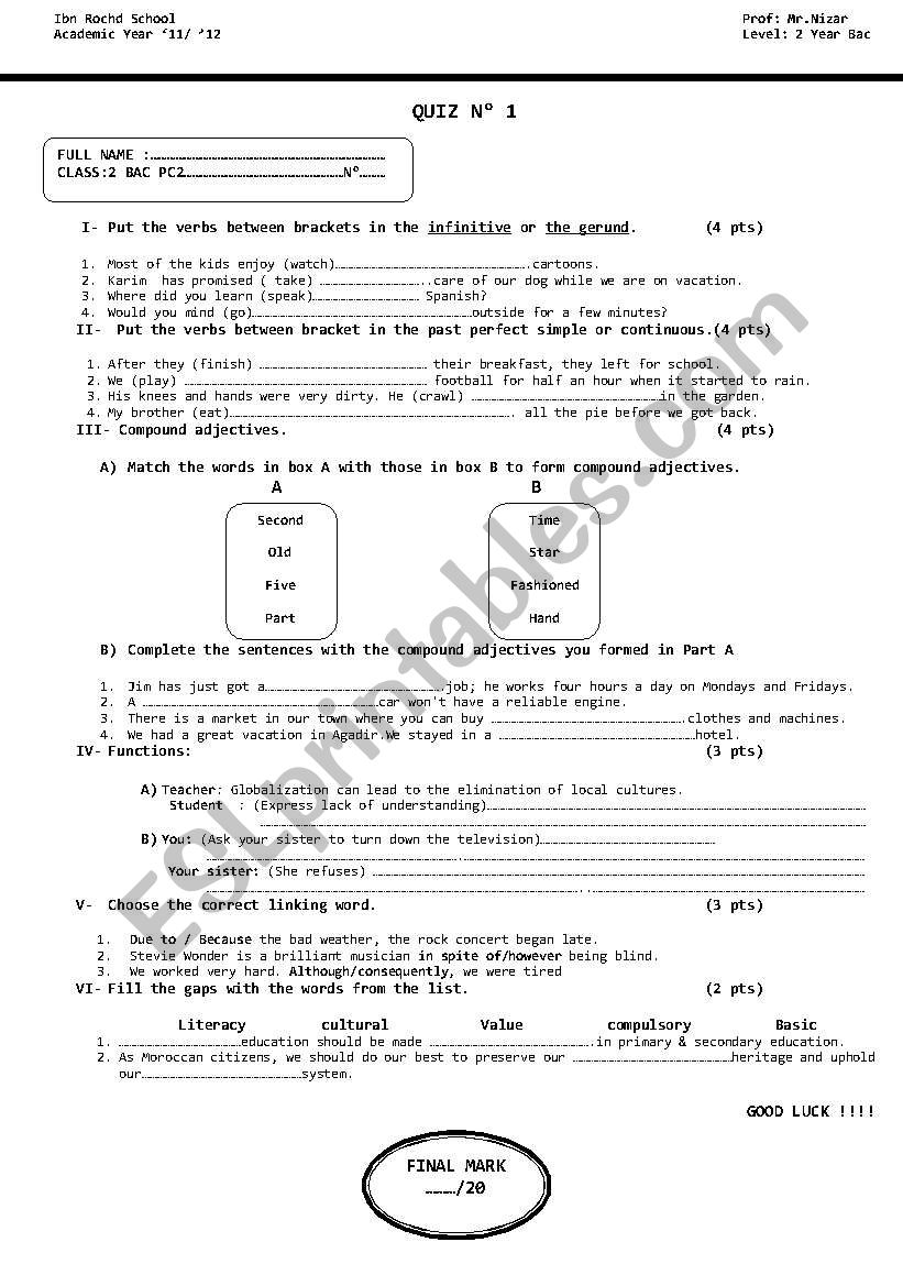 Test  for 2 Bac students worksheet