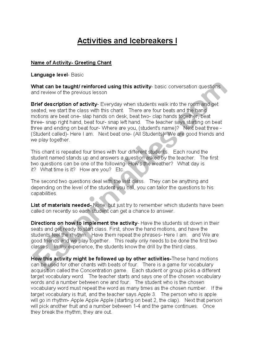 Activities and Icebreakers worksheet