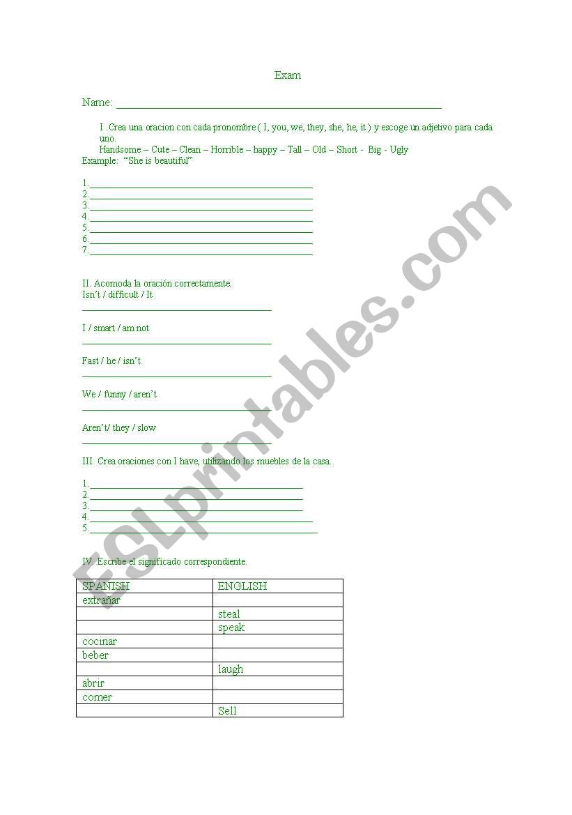 exam children worksheet