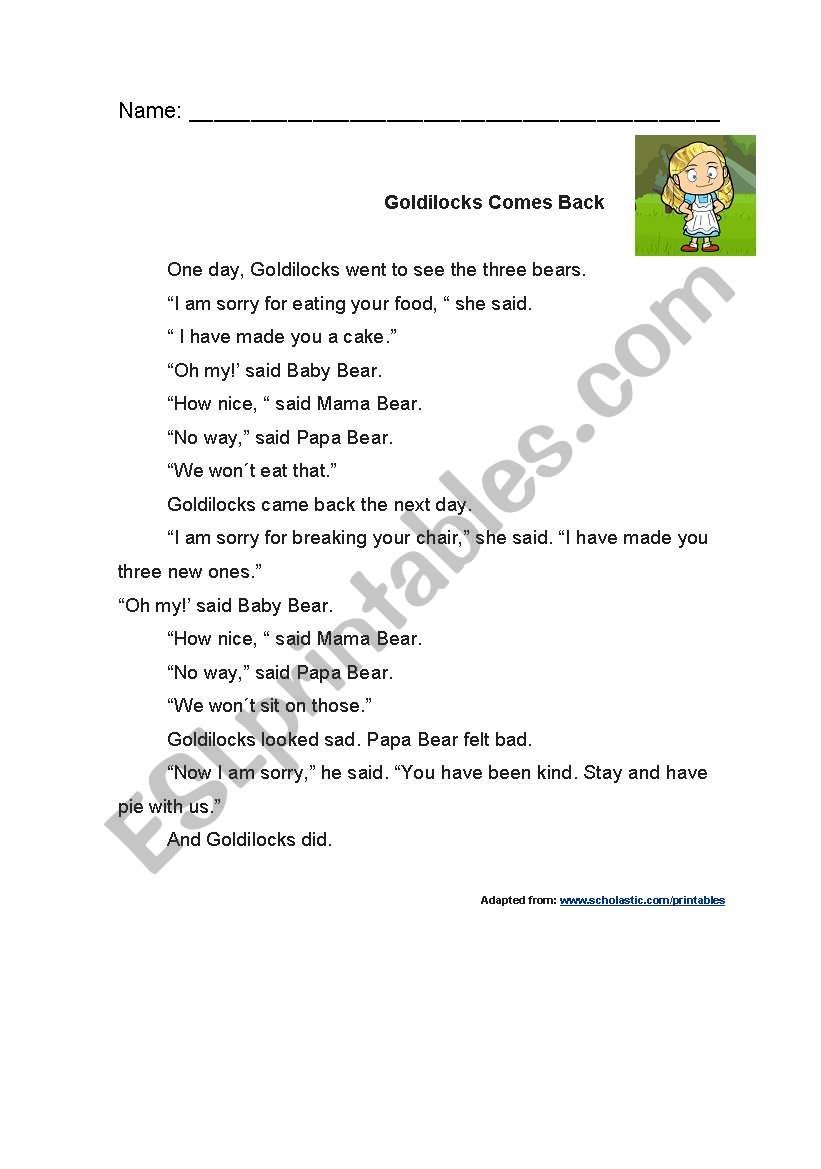 GOldilocks comes back worksheet