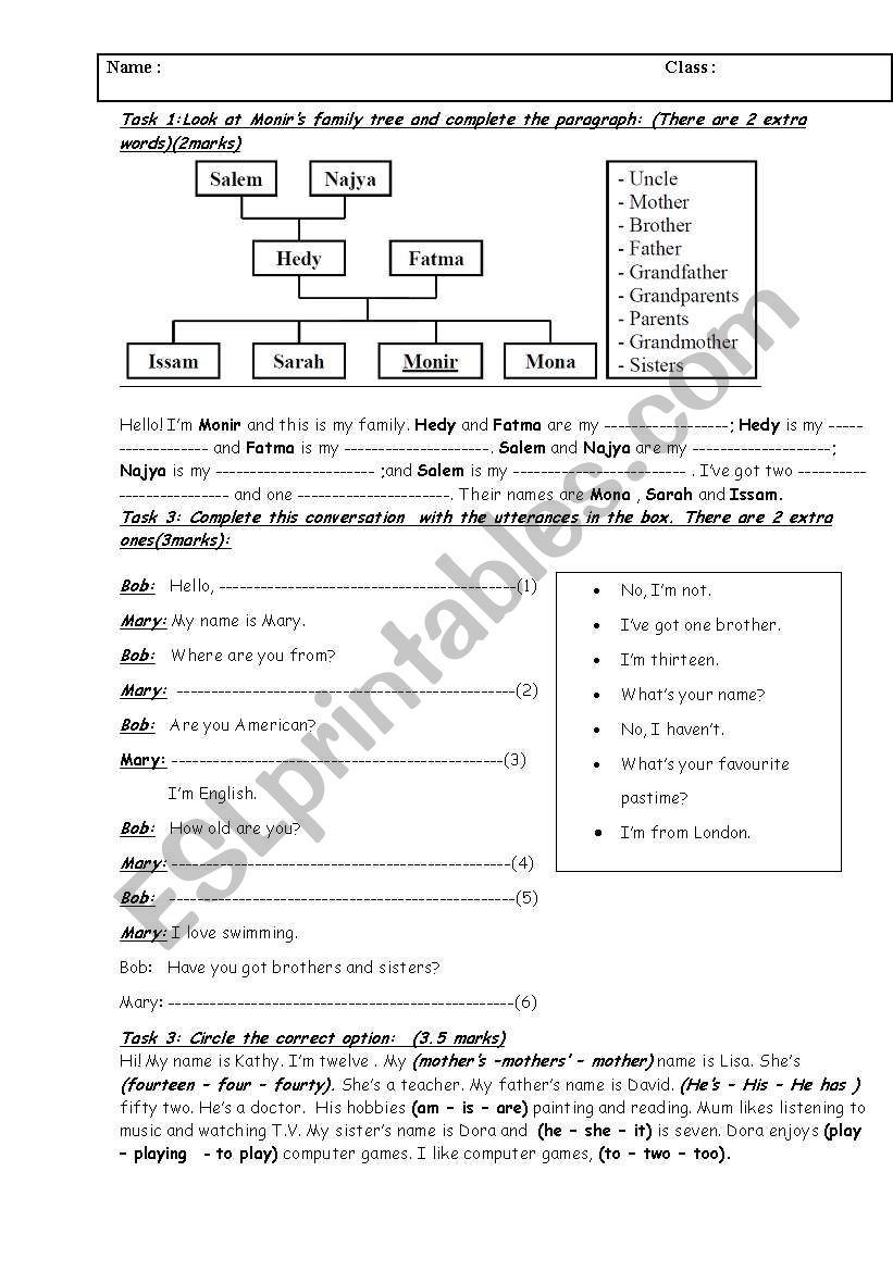 7th form mid term test 1 worksheet