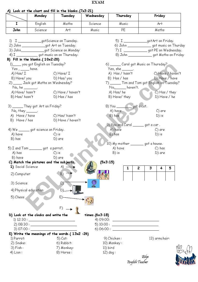  EXAM(containsschool subjects,times,timetables and vocabulary)