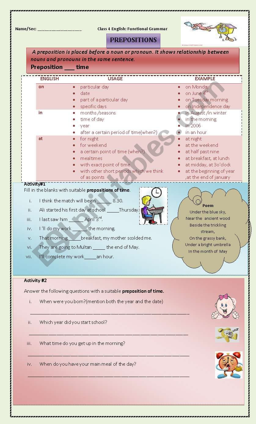 prepositions of time worksheet