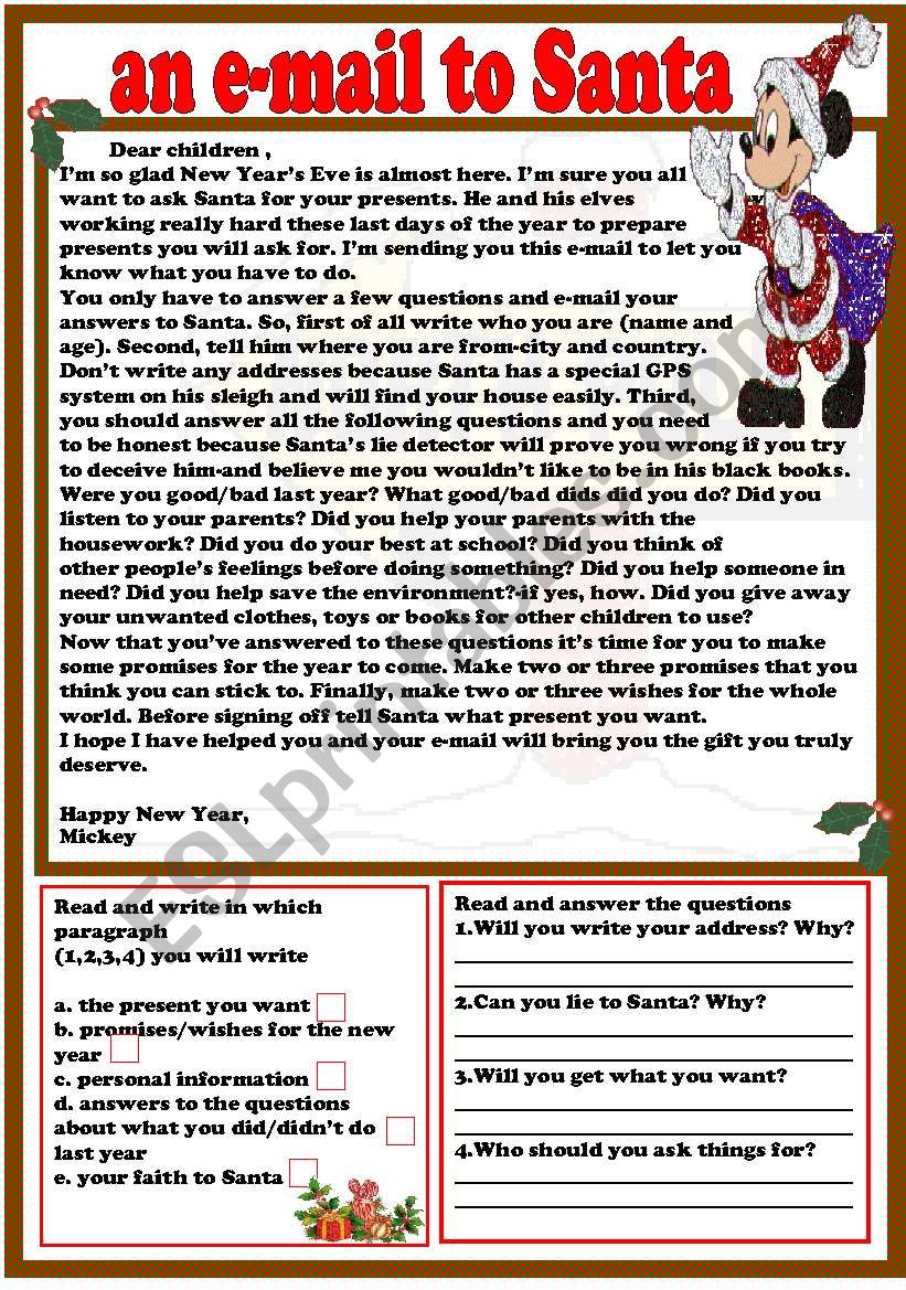 an e-mail to Santa worksheet