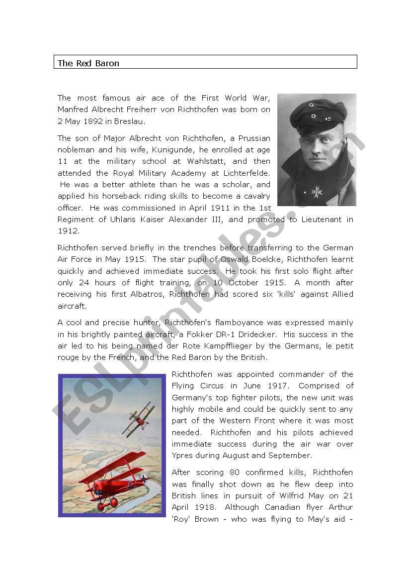 The Red Baron Comprehension worksheet