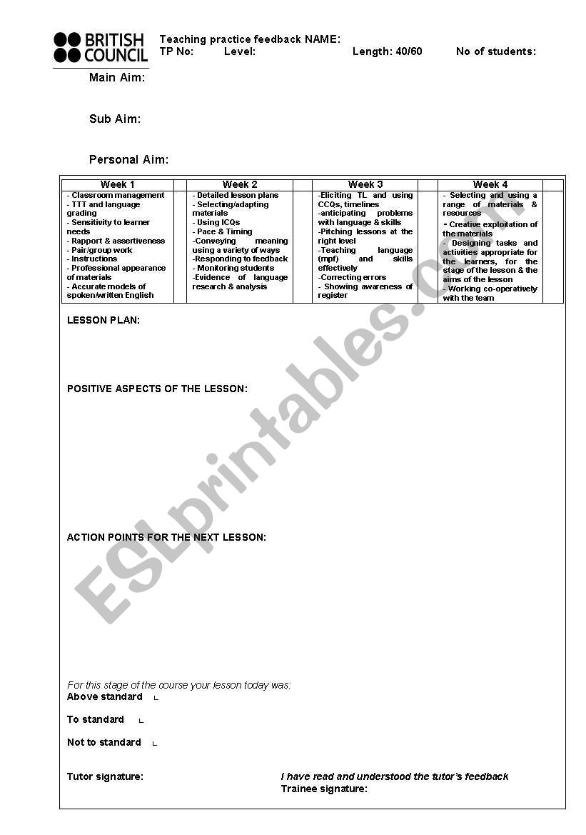 CELTA format lesson Plan template