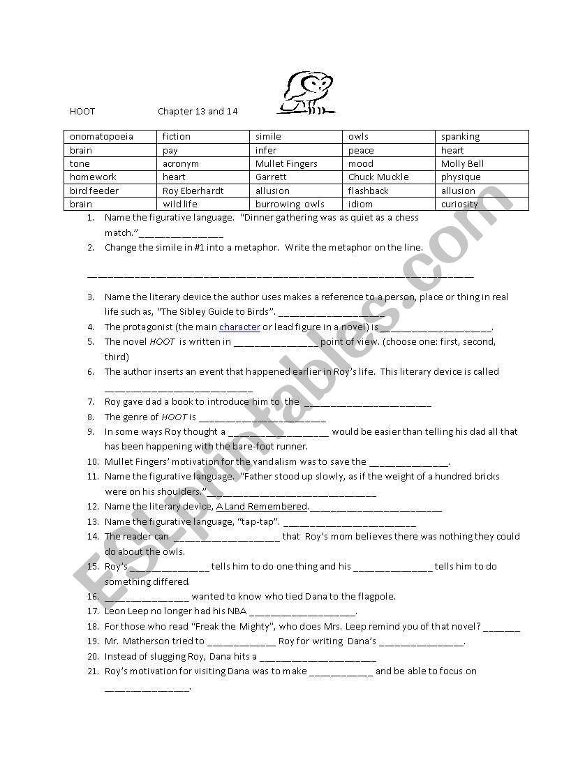 Hoot Chapter 13 and 14  Questions  with Word Bank