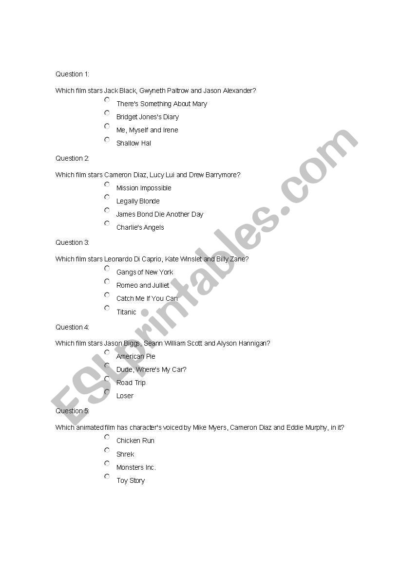 movie trivia worksheet