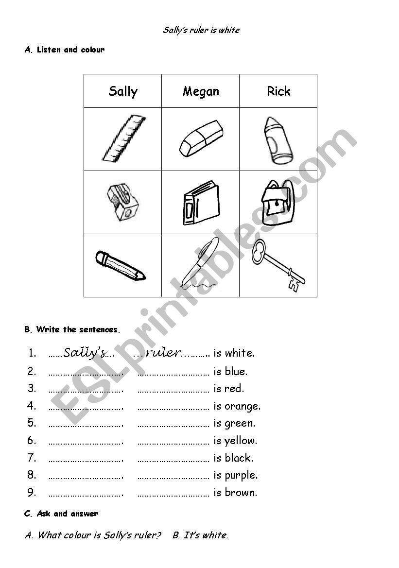 What colour is Sallys ruler? worksheet