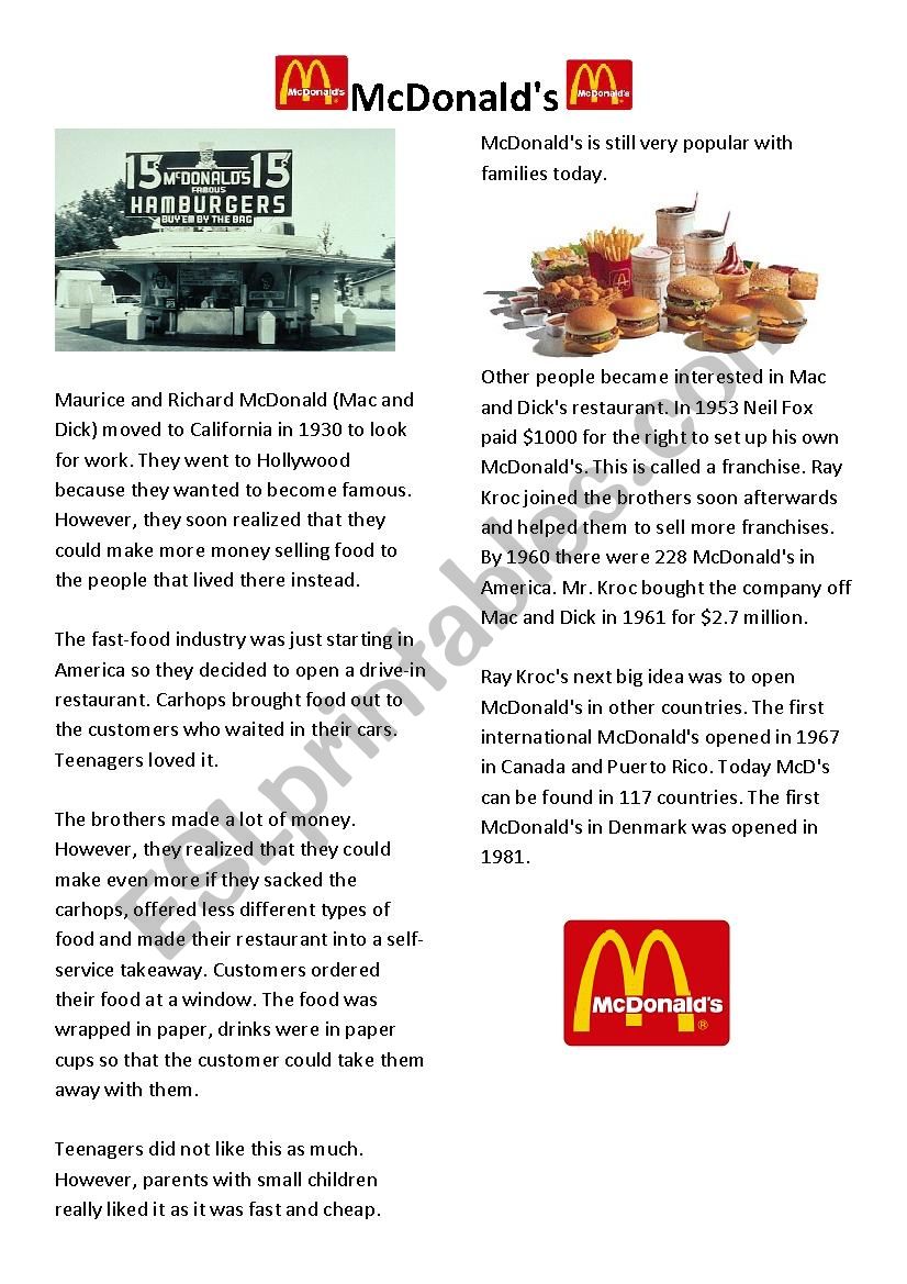 McDonalds the early years worksheet