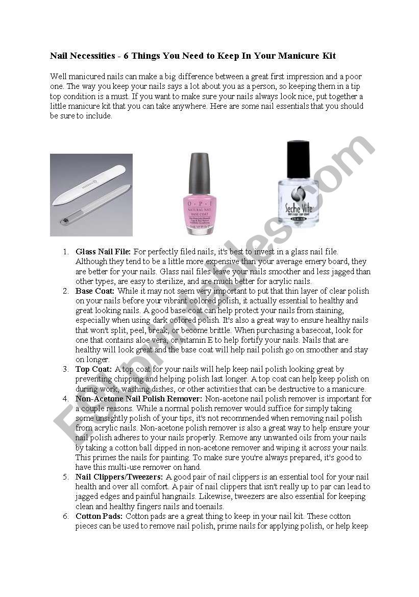 Nails necessities  worksheet