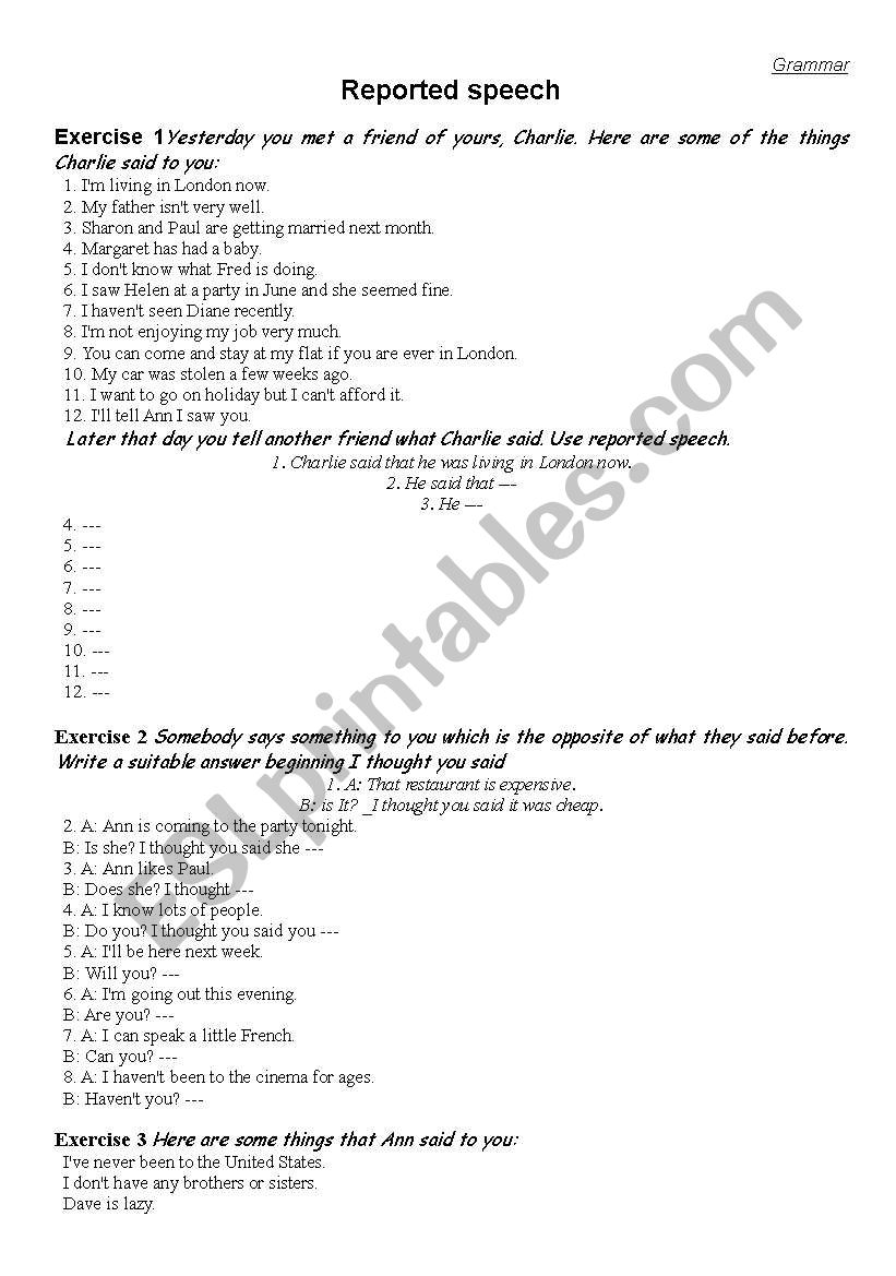 Reported speech worksheet