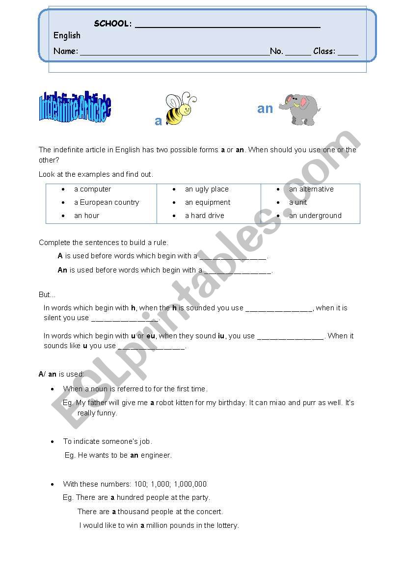 Indefinite article worksheet