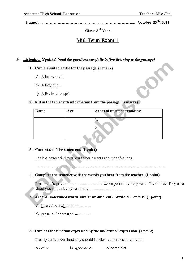 mid-term test 1 3rd year worksheet