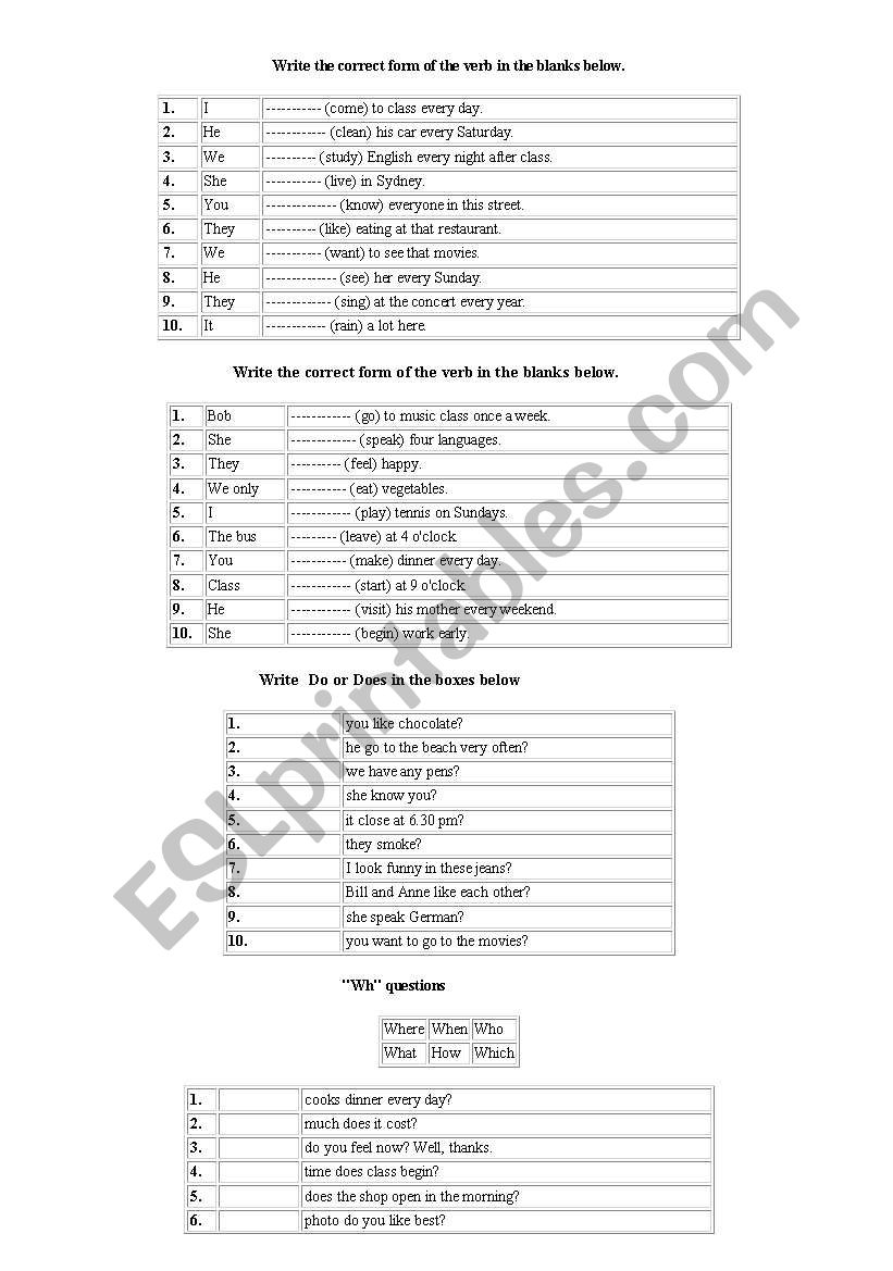 smple present tense worksheet