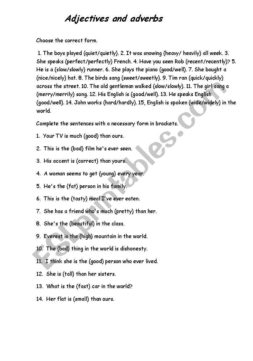 adjectives and adverbs worksheet