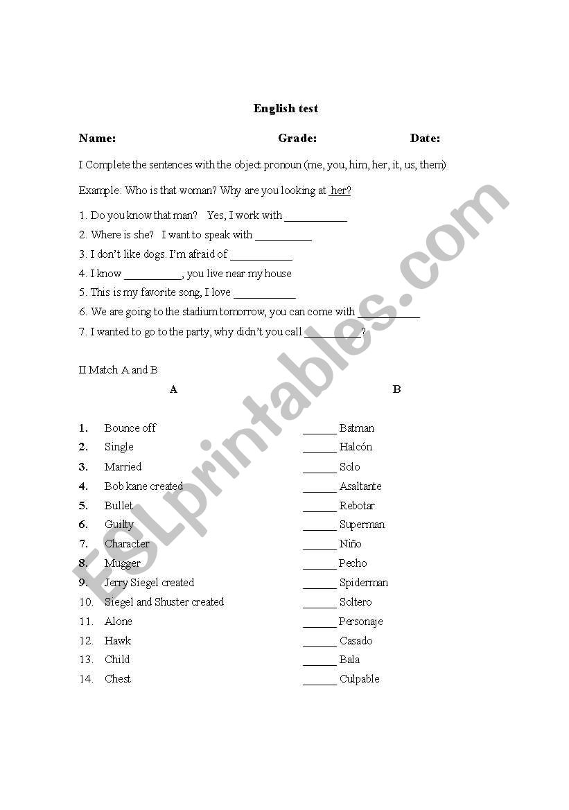 Object pronouns test and vocabulary related to comics