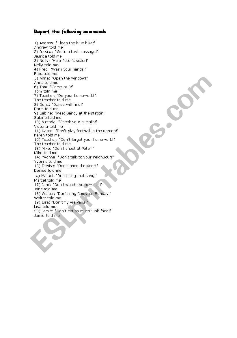 Reported Speech worksheet