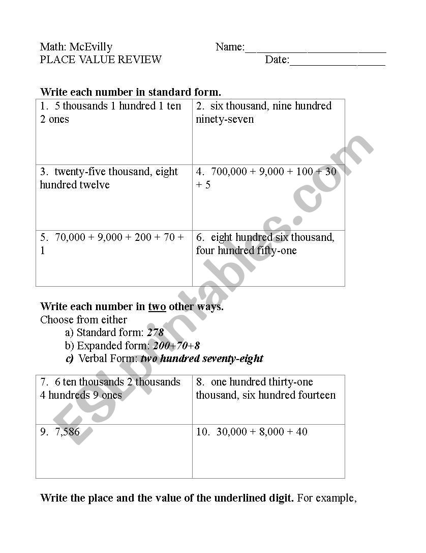 Place Value worksheet