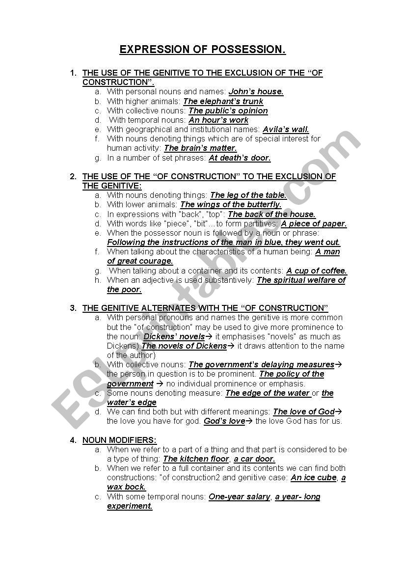 EXPRESSION OF POSSESSION worksheet