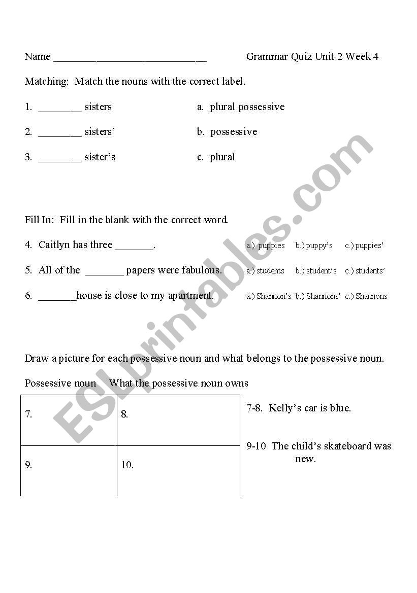 Plural Possessive Noun Quiz worksheet