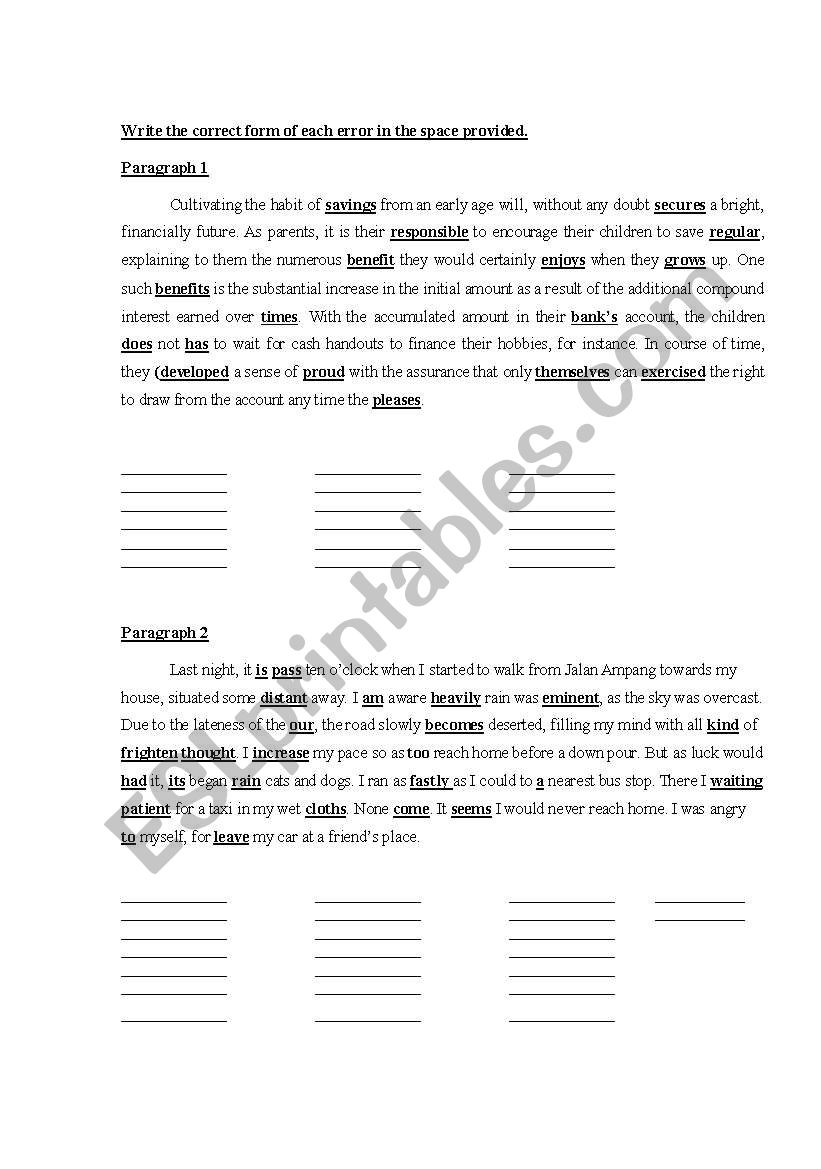 Error Corrections worksheet