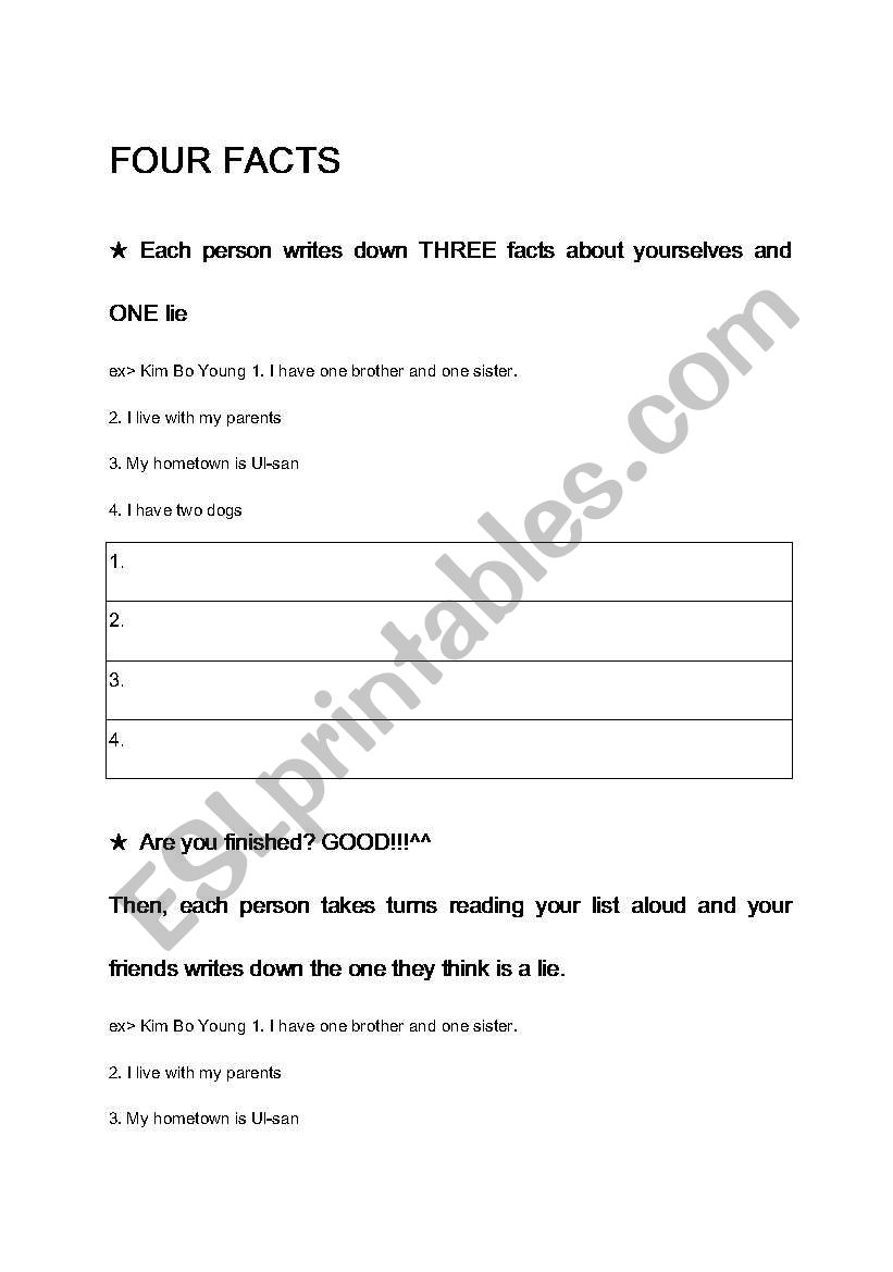 four facts worksheet