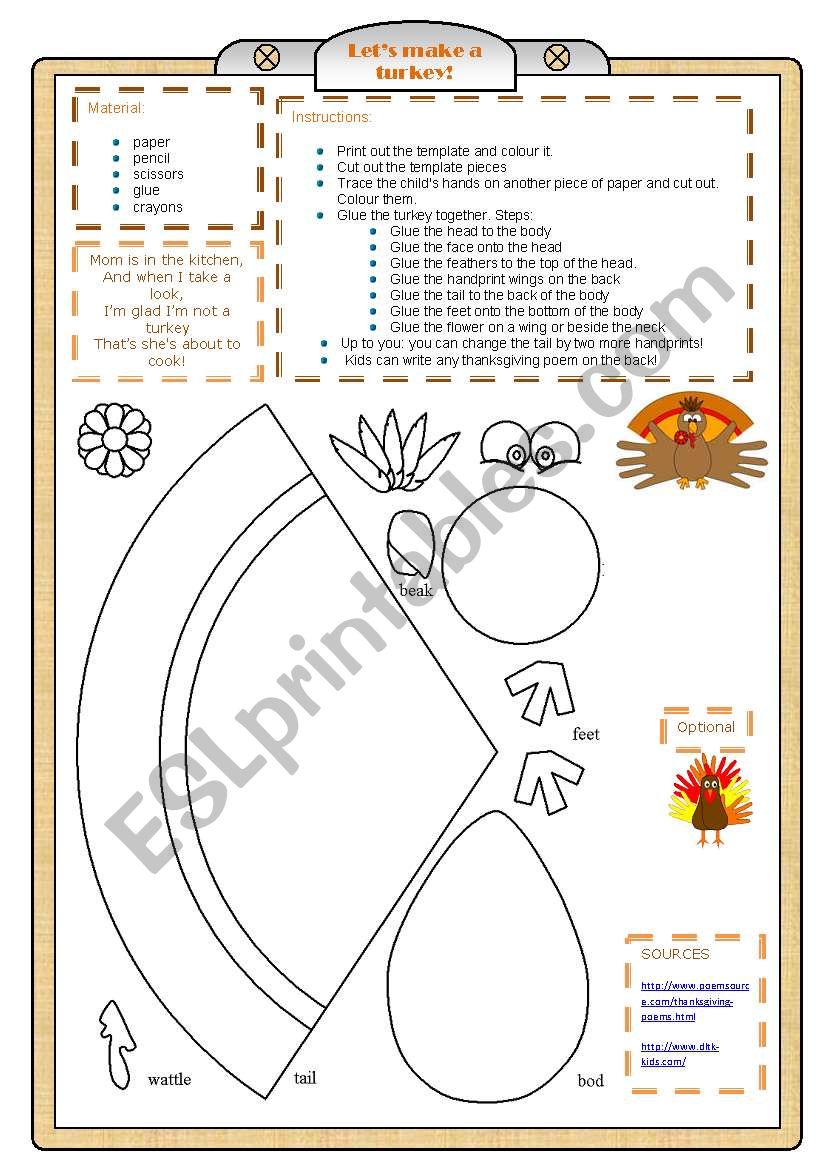 Thanksgiving turkey craft worksheet
