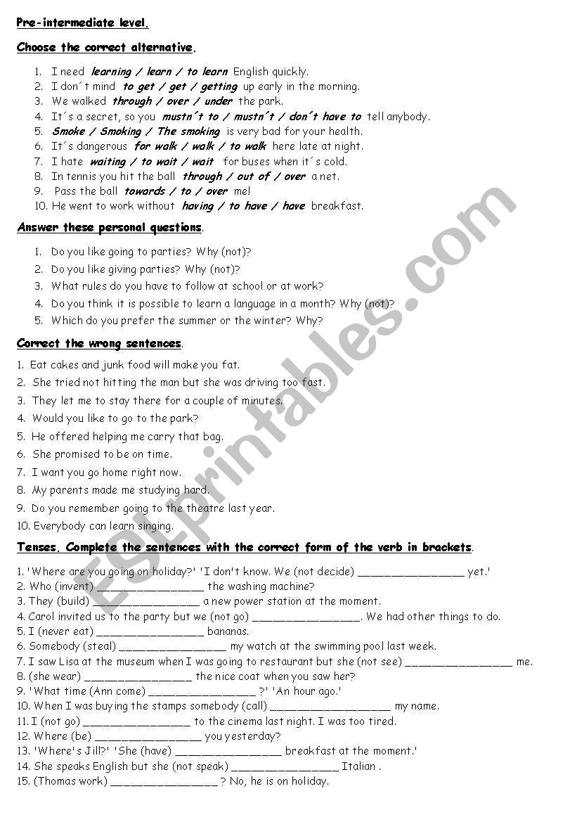 Pre Intermediate Exercises worksheet