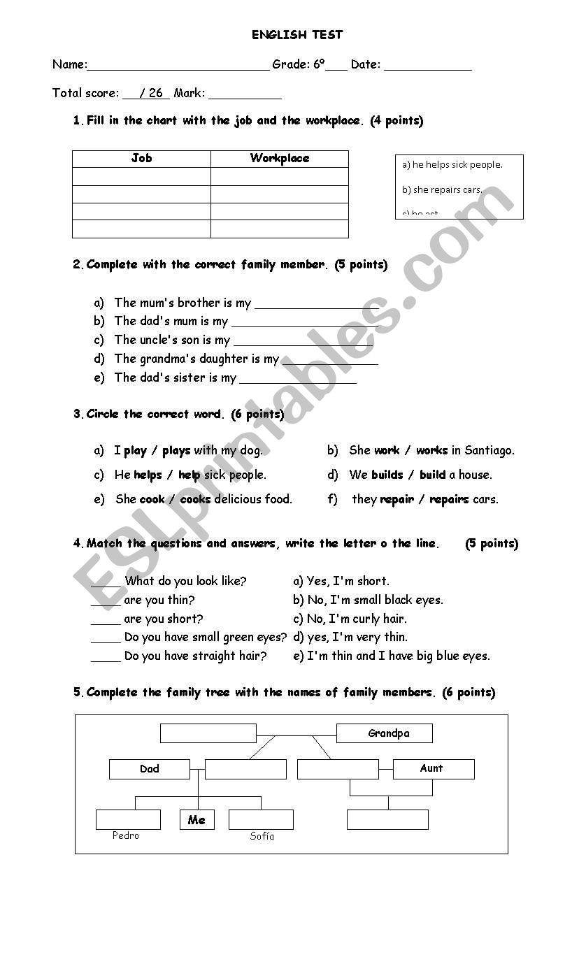 family, jobs and professions worksheet