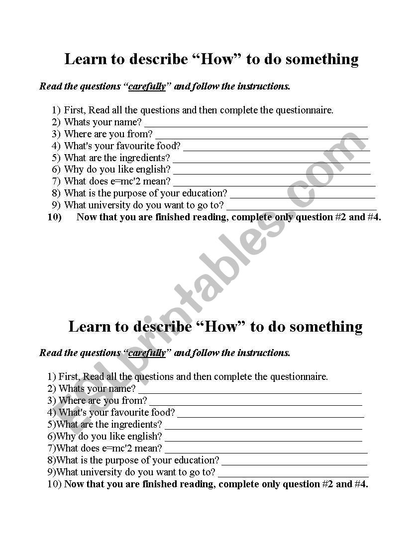 Following Instructions worksheet