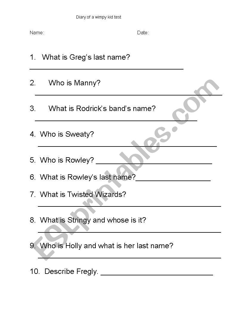 Diary of a Wimpy Kid test worksheet