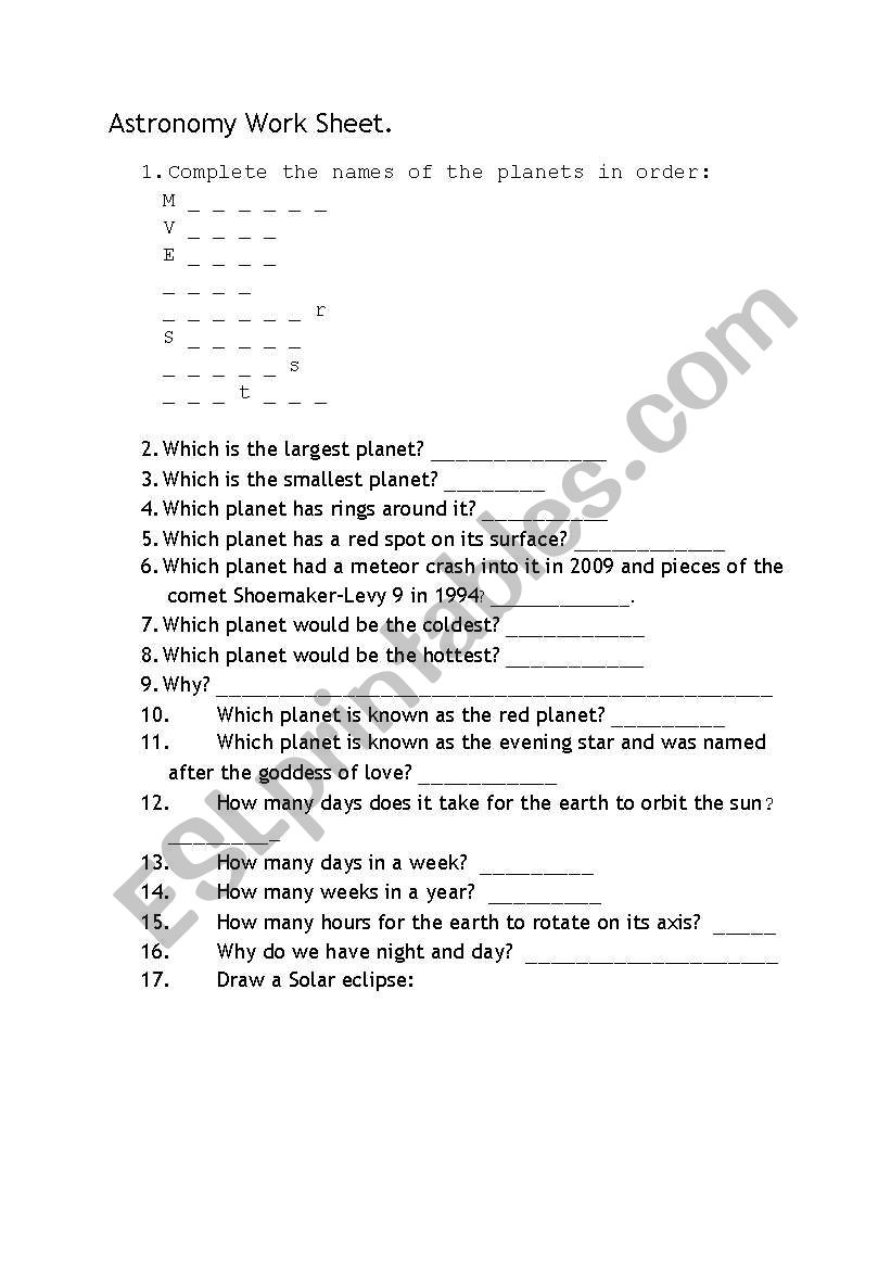 Planets Works Sheet worksheet