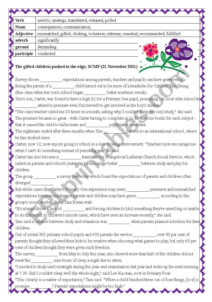 Cloze passage: The gifted children pushed to the edge (keys included)