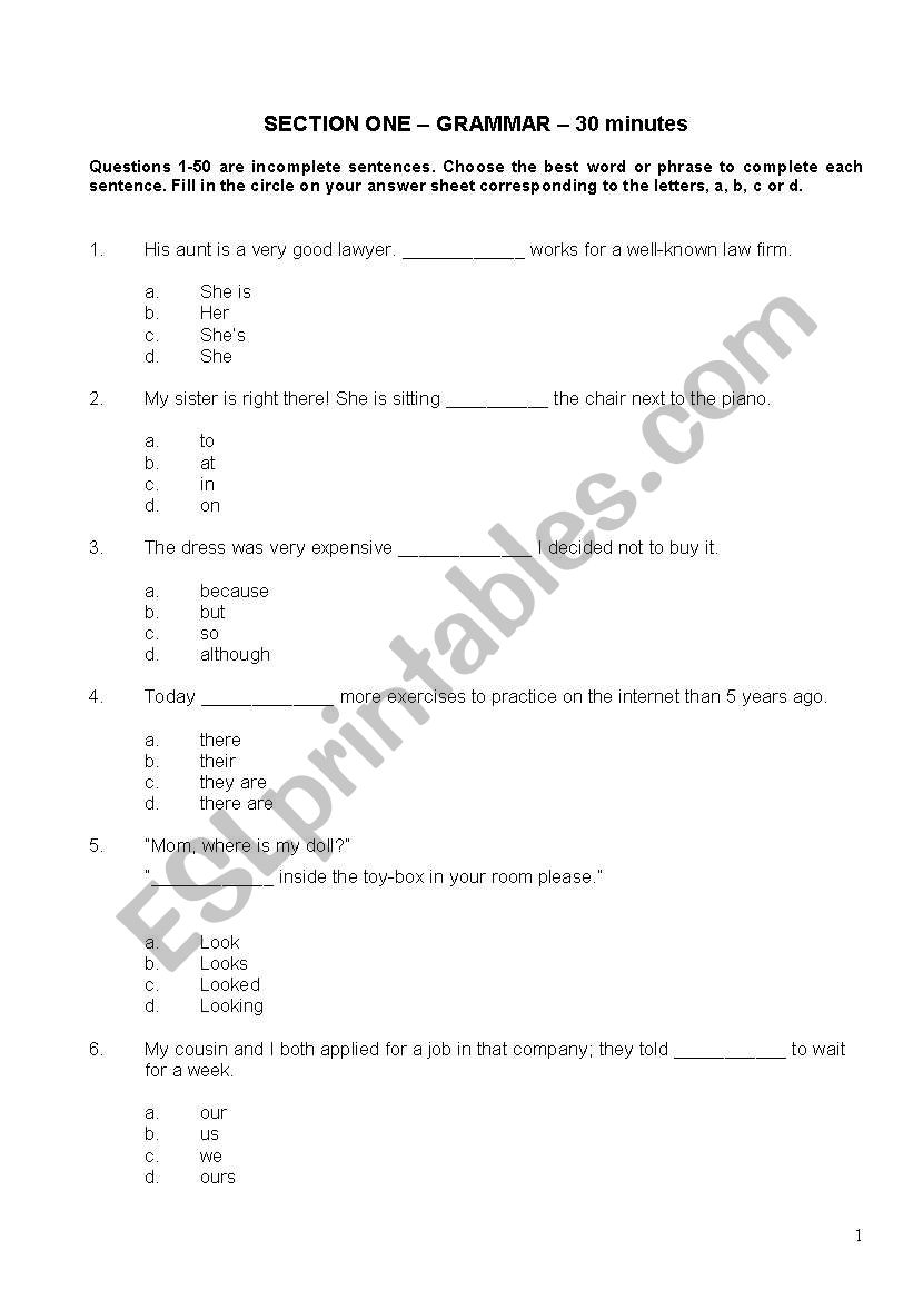 Grammar and Vocabulary worksheet