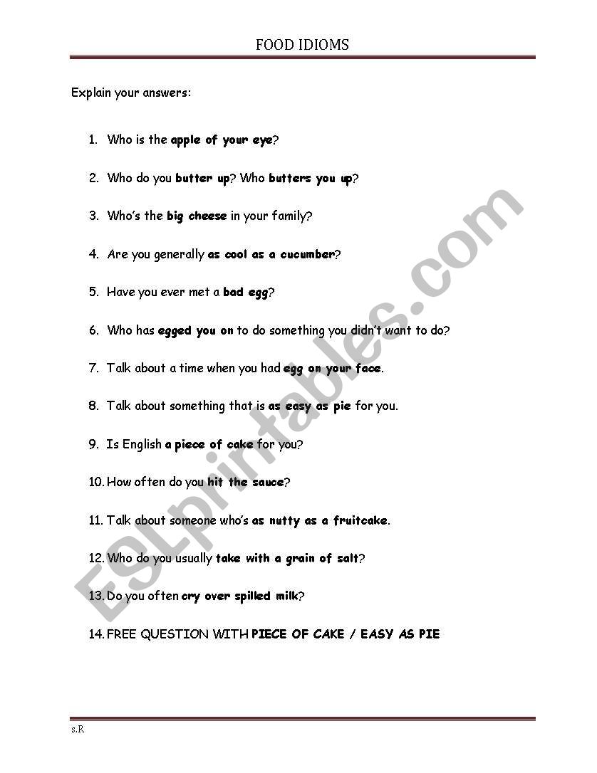 Food Idioms worksheet