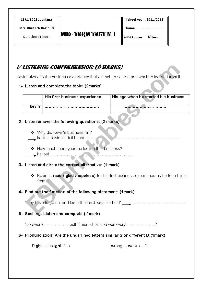 mid-term test n 1 worksheet