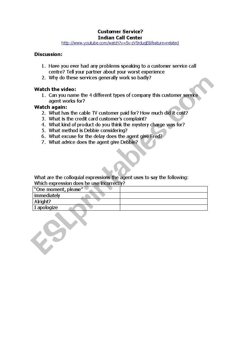 Customer Service worksheet