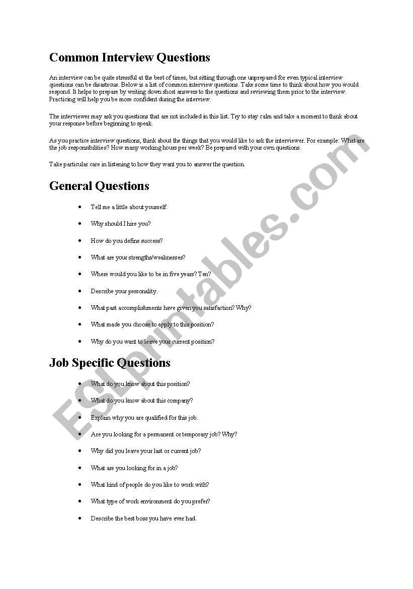 common interview questions worksheet